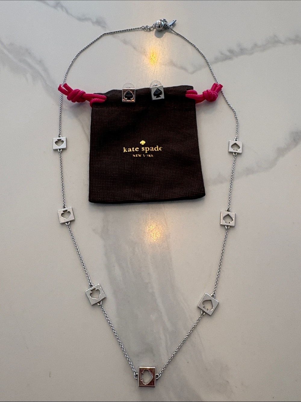 kate spade Silver Spade-Link Long Necklace with Pink Drawstring Pouch